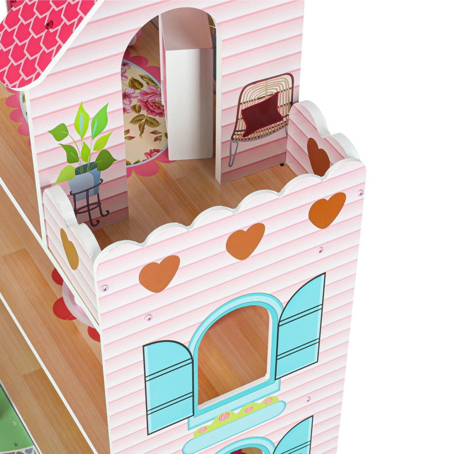 Дървена къща за кукли с LED осветление и градинско обзавеждане
