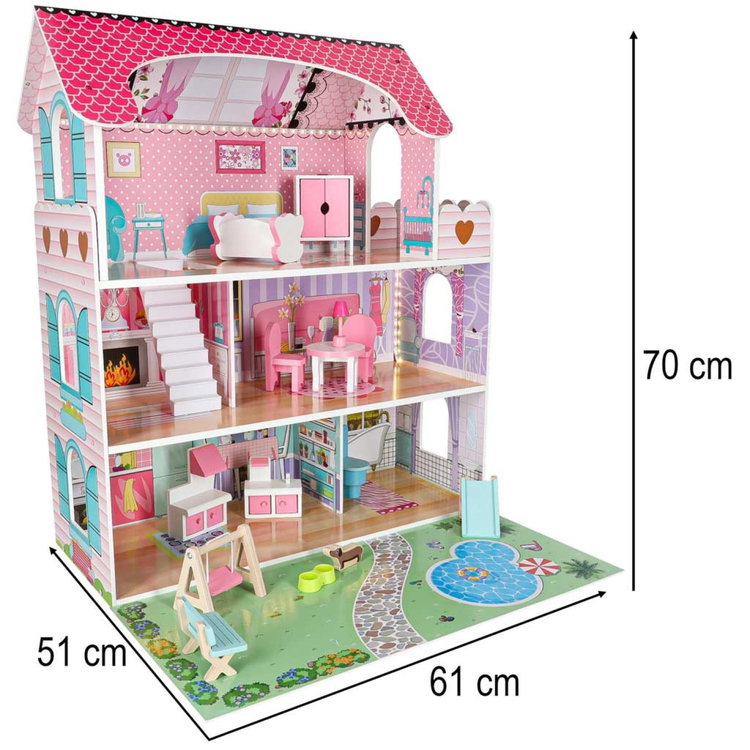 Дървена къща за кукли с LED осветление и градинско обзавеждане