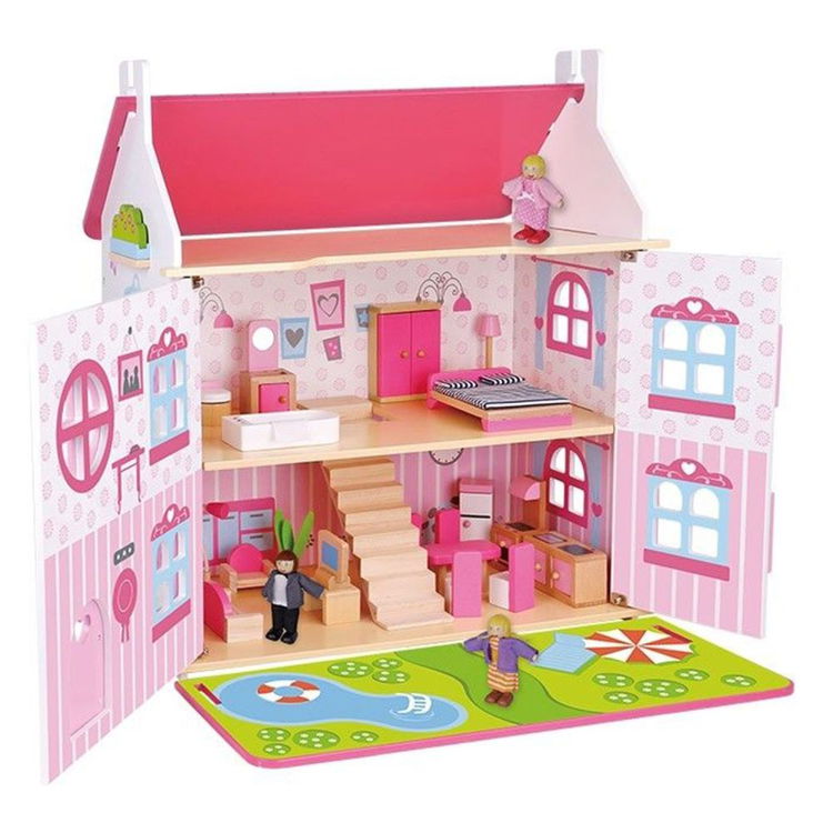 Дървена двуетажна къща за кукли, с обзавеждане и кукли