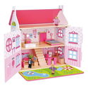 Дървена двуетажна къща за кукли, с обзавеждане и кукли