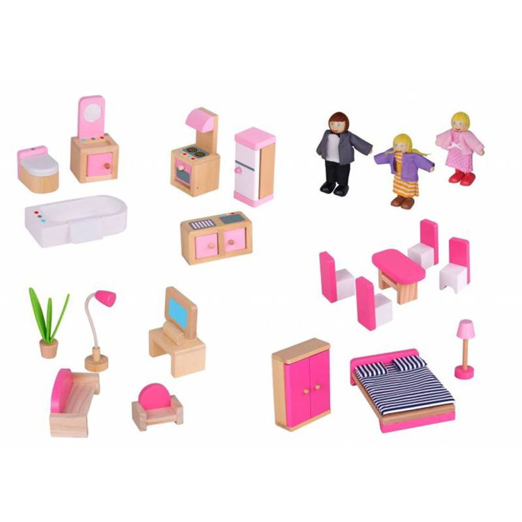 Дървена двуетажна къща за кукли, с обзавеждане и кукли