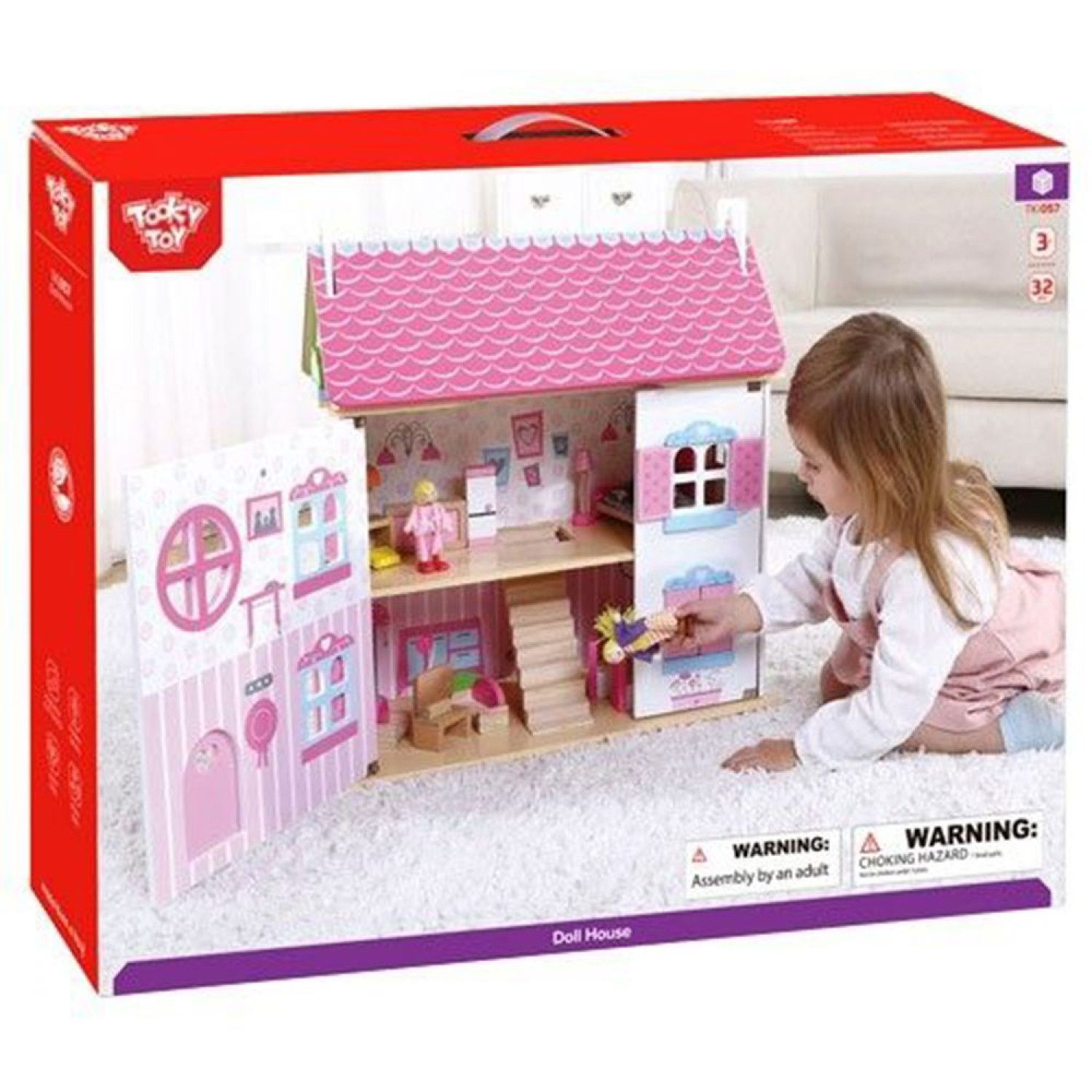 Дървена двуетажна къща за кукли, с обзавеждане и кукли
