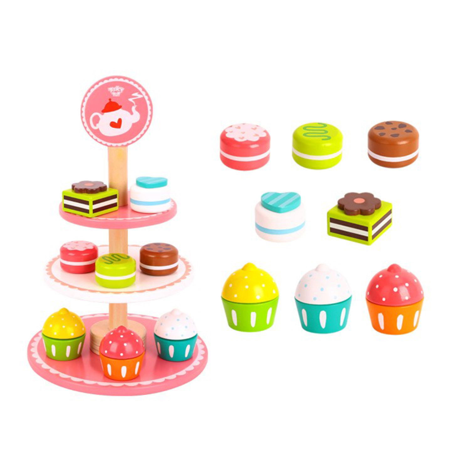 Дървени кексчета и десерти на поднос