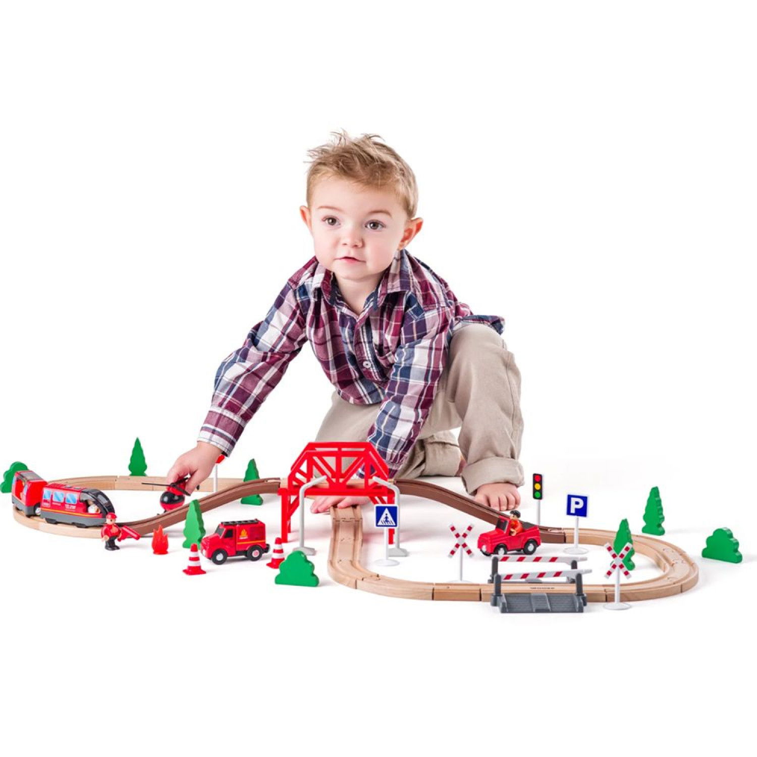 Дървен влак с релси Пожарникари, 60 части